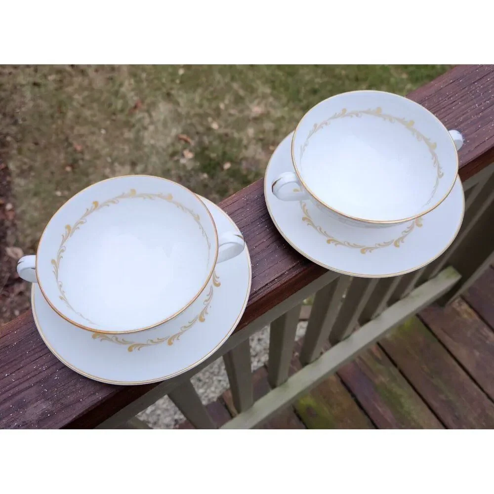 2 Royal Doulton England Bone China Rondo Gold H4935 Cream Soup and Saucer Sets